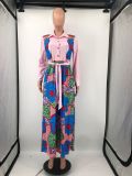 SC Plus Size Casual Printed Long Sleeve Sashes Maxi Dress DMF-8183