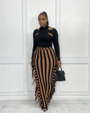 SC Striped Tassel High Waist Long Skirt OLYF-96076