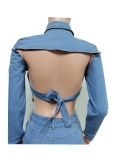 SC Denim Backless Long Sleeve Top+Lace-Up Shorts 2 Piece Sets MEM-88395