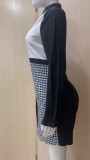 SC Houndstooth Print Patchwork Long Sleeve Shirt Dress ZSD-0425