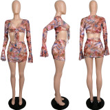 SC Sexy Mesh Printed Flare Sleeve Mini Skirt 2 Piece Sets MIL-215