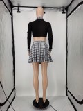 SC Plaid Long Sleeve Crop Top+Pleated Mini Skirt 2 Piece Sets APLF-5087