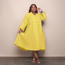 SC Plus Size Solid V Neck Long Sleeve Loose Midi Dress QSF-51049