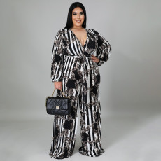 SC Plus Size Printed V Neck Sashes Long Sleeve Jumpsuit NNWF-7340