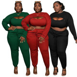 SC Plus Size Solid Ribbed Long Sleeve Crop Top+Vest+Pants 3 Piece Sets NNWF-7345