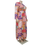 SC Plus Size Printed Long Sleeve Sashes Maxi Dress NNWF-7314