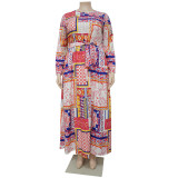SC Plus Size Printed Long Sleeve Sashes Maxi Dress NNWF-7314