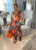 SC Sexy Leopard Print V Neck Long Sleeve Sashes Jumpsuit JRF-3656