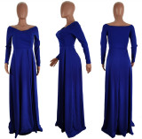 SC Blue V Neck Long Sleeve High Split Maxi Evening Dress LSL-6474