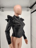 SC Black PU Leather Ruffle Long Sleeve Zipper Jacket WSM-A5043
