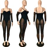 SC Plus Size Sexy Mesh See Through Long Sleeve Strap Jumpsuit YNSF-1656
