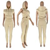 SC Solid Plush Shoulder Pads Sleeveless Hooded 2 Piece Pants Set HHF-9099