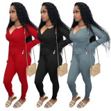 Solid Ribbed Long Sleeve Zipper Two Piece Pants Set ME-Y939