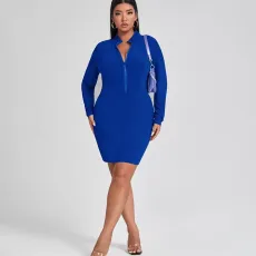SC Plus Size Solid Long Sleeve Zipper Mini Dress PHF-13260