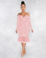 Sexy Lace Off Shoulder Long Sleeve Mermaid Midi Dress ME-W932