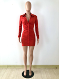 SC Sexy Solid Ruched Long Sleeve Buttons Slim Mini Dress YNSF-1678