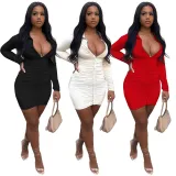 SC Sexy Solid Ruched Long Sleeve Buttons Slim Mini Dress YNSF-1678