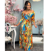 SC Sexy Printed V Neck High Waist Sashes Maxi Dress SMF-81122