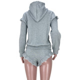 SC Solid Ruffle Hoodie And Shorts Two Piece Sets MDF-5264