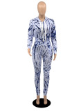 SC Casual Printed Hooded Zipper Two Piece Pants Set YIBF-6116