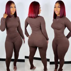 SC Solid Ribbed Long Sleeve Two Piece Pants Set IV-8256