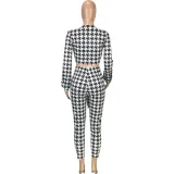 SC Houndstooth Print Tie Up Long Sleeve 2 Piece Pants Set MEI-9209