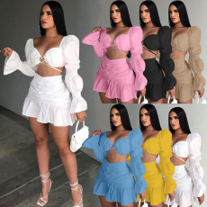 SC Sexy Solid Ruched Long Sleeve Crop Top Mini Skirt 2 Piece Sets AL-267