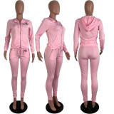 SC Pink Letter Embroidery Zipper Hoodies 2 Piece Pants Set LUO-3115