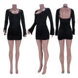 SC Sexy Backless Ruched Long Sleeve Mini Dress GZYF-YF3034