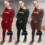 SC Sexy Solid Hollow Out Long Sleeve Split Leg Jumpsuit JPF-1055