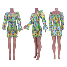 SC Floral Print Puff Sleeve Sexy Mini Dress GZYF-YF8031