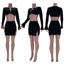 SC Black Zipper Flare Sleeve Mini Skirt 2 Piece Sets GZYF-YF8030