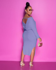 SC Sexy Ribbed V Neck Backless Split Sashes Midi Dress YFS-10033