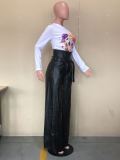 SC Plus Size PU Leather High Waist Wide Leg Pants With Belt OD-8392-1