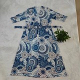 SC Plus Size Retro Print Half Sleeve Sashes Maxi Dress CY-B6512