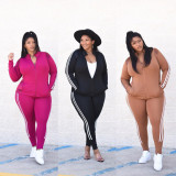 SC Plus Size Side Striped Zipper Long Sleeve 2 Piece Suits MUKF-062