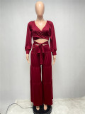 Plus Size Solid Long Sleeve Wide Leg Pants 2 Piece Sets ME-W941