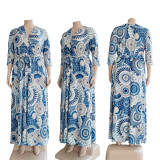 SC Plus Size Retro Print Half Sleeve Sashes Maxi Dress CY-B6512