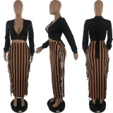 SC Sexy Long Sleeve Crop Top Tassel Long Skirt 2 Piece Sets LP-66316
