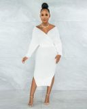 SC Sexy Ribbed V Neck Backless Split Sashes Midi Dress YFS-10033