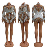 SC Retro Printed Long Sleeve Turndown Collar Sashes Romper CY-6501