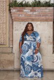 SC Plus Size Retro Print Half Sleeve Sashes Maxi Dress CY-B6512