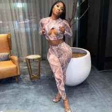 SC Sexy Printed Hollow Long Sleeve 2 Piece Pants Set WMEF-20777