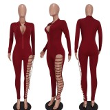 SC Long Sleeve Sexy Hollow Chain Jumpsuit QZYD-YD1065