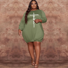 SC Plus Size Solid Letter Print Long Sleeve Casual Dress WAF-77296