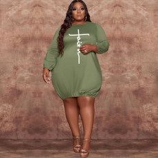 SC Plus Size Solid Letter Print Long Sleeve Casual Dress WAF-77296