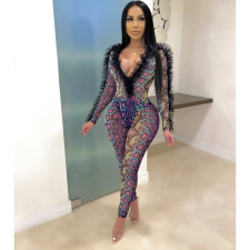 SC Snake Skin Print V Neck Bodysuit+Pants 2 Piece Sets LM-8289