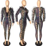 SC Snake Skin Print V Neck Bodysuit+Pants 2 Piece Sets LM-8289