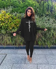 SC Letter Print Batwing Sleeve Two Piece Pants Set MAE-2126