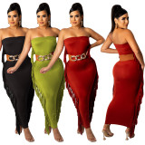 SC Sexy Tassel Off Shoulder Strapless Maxi Dress (Without Belt) YIY-5320